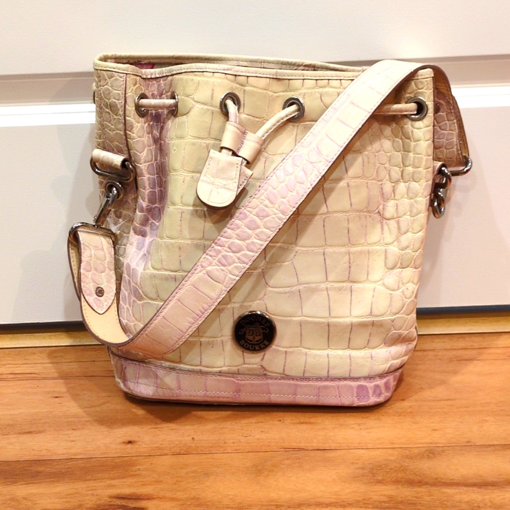 Dooney & Bourke Cream and Lilac Ombré Croc-Embossed Bucket Bag USA Vintage